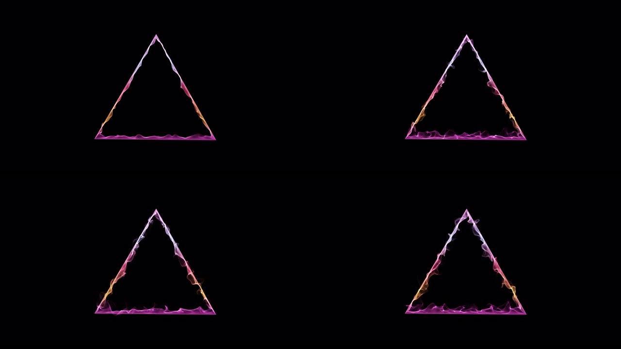 三角形框架。粉红色，紫色和白色的3d三角形由波浪，圆点，颗粒混合而成，孤立在黑色背景上。流动的颗粒。
