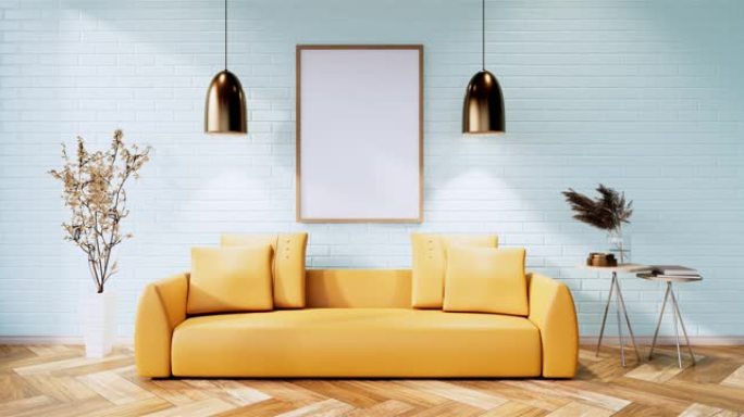 青色阁楼风格，木地板上有青色墙，地毯上有沙发扶手椅。3d渲染