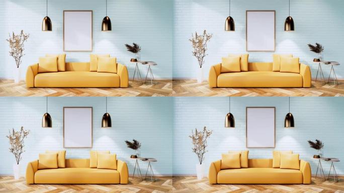 青色阁楼风格，木地板上有青色墙，地毯上有沙发扶手椅。3d渲染