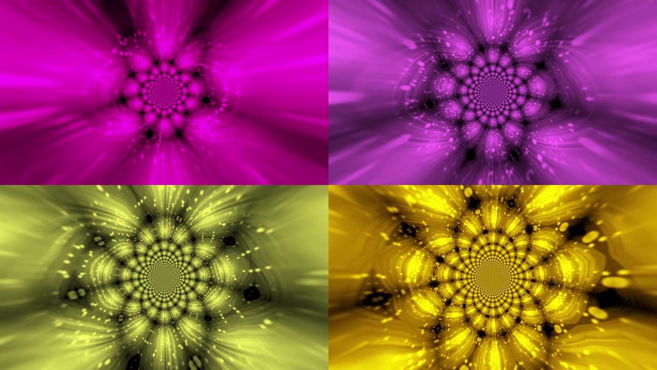 4k多色抽象盛开的花状波浪图案。飞行散焦粒子。光学光束动画。具有万花筒形链的圆形曼陀罗。bokeh无