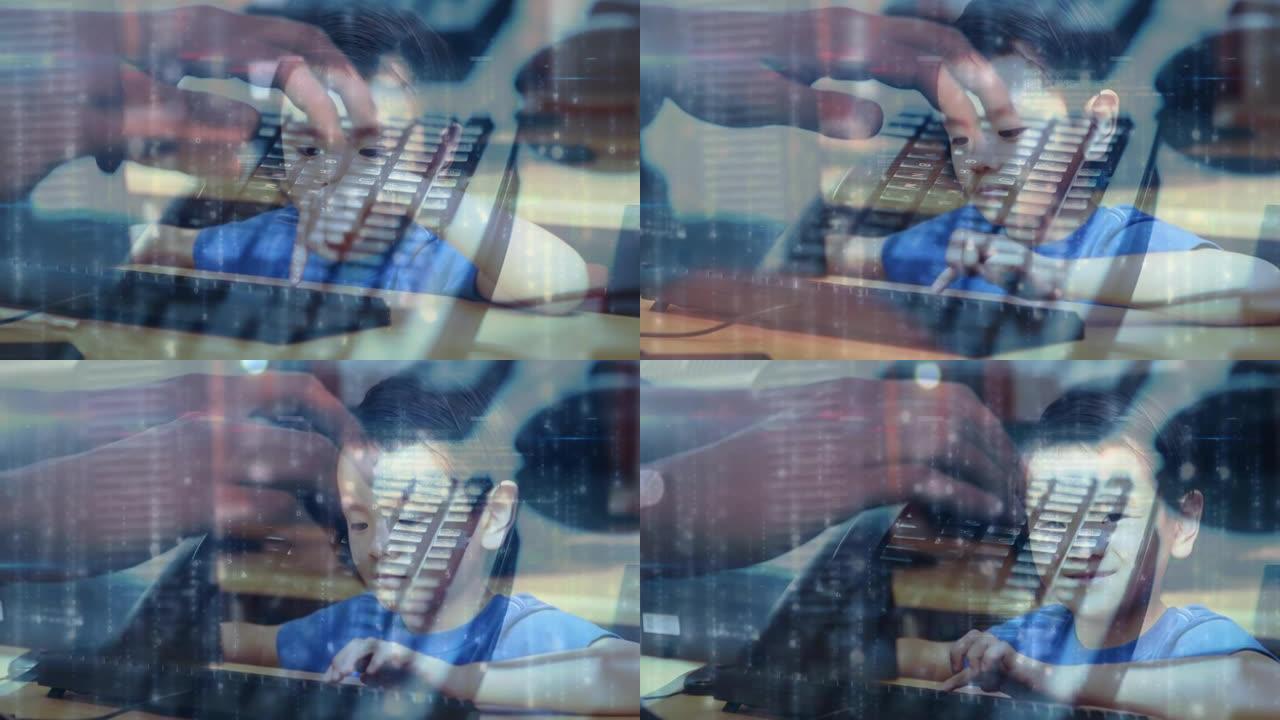 使用计算机在亚洲男孩的键盘上进行数据处理和手打字的动画