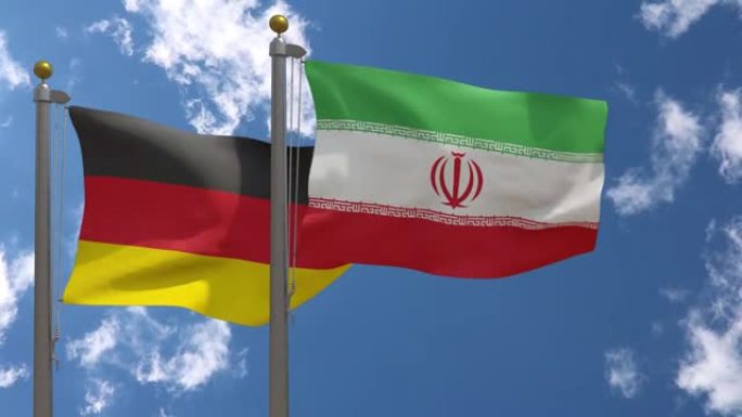 德国国旗与伊朗国旗在一杆，3D渲染，两个旗帜