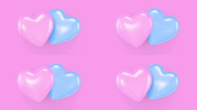 4k无缝环心蓝色和粉色形状，心跳和移动的心孤立在紫色背景上。情人节和爱情概念股视频