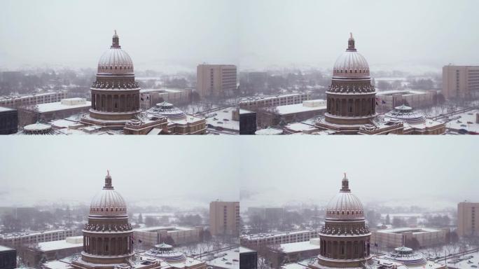 爱达荷州博伊西政府的首都大楼鸟瞰图，上面覆盖着一层新雪。