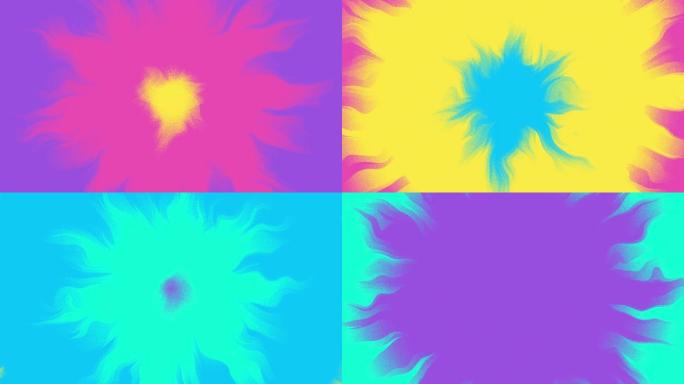 彩色出血动画。过渡或加载器循环动画屏幕。4k分辨率抽象粉色、紫色和蓝色彩色背景。颜色变化动画