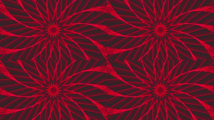 深灰色黑色背景循环上的红色自旋六星简单平坦几何。星光灿烂的旋转电波无尽的创意动画。旋转星星无缝运动图