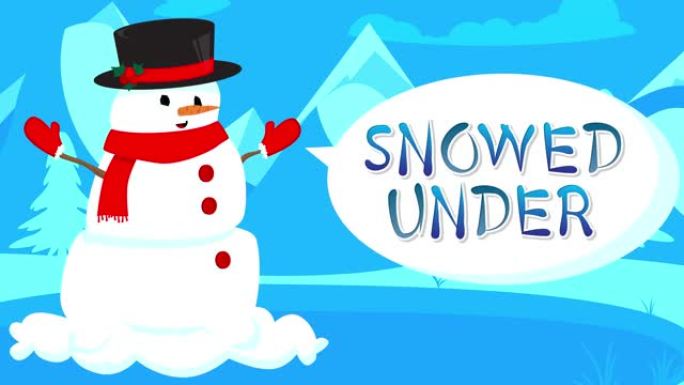 戴着帽子和围巾的雪人在冰上滑行，在气泡中的文字下下雪。