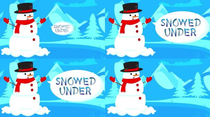 戴着帽子和围巾的雪人在冰上滑行，在气泡中的文字下下雪。