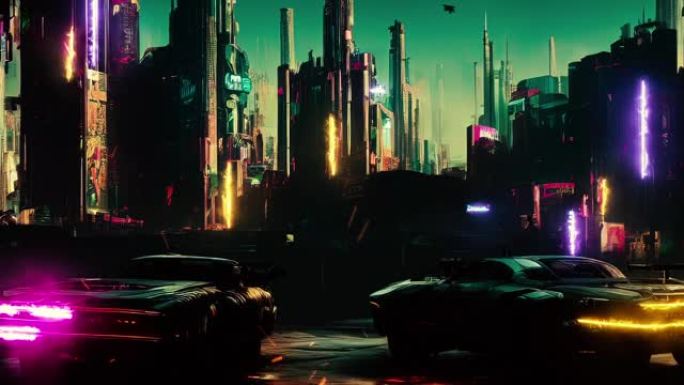 霓虹灯城市: 未来派赛博朋克汽车和灯光。