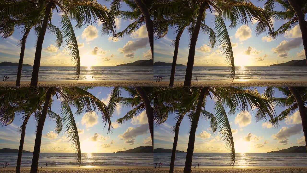 风景日落金色沙滩海与棕榈树岛。迈阿密海滩浪漫的天空。