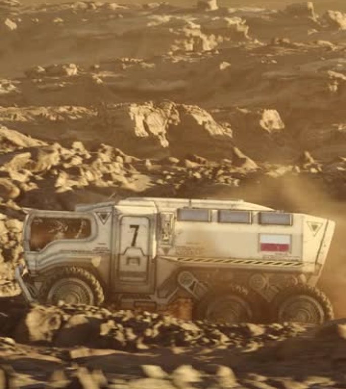 火星行星的太空殖民。带有波兰国旗的火星探测器探索行星表面垂直视频