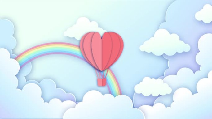 4k动画背景为情人节与热气球形状的心脏。剪纸风格的天空有云彩