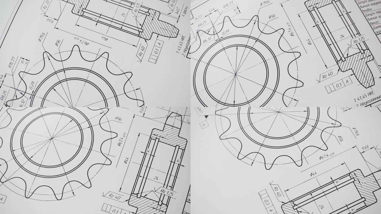 工业零件、螺栓和机构的纸质工程图纸