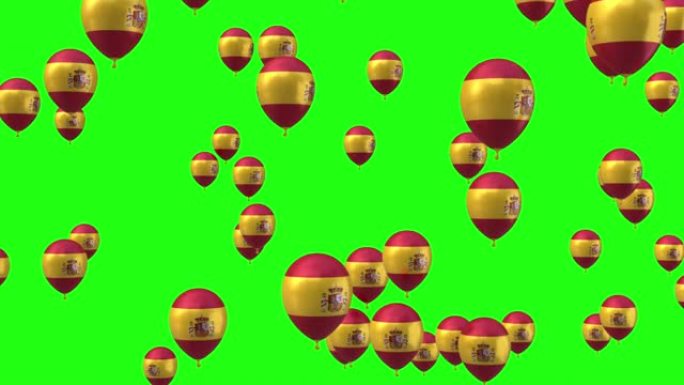 西班牙国旗氦气球，从下到上飞行，在绿屏背景上隔离，4k视频元素