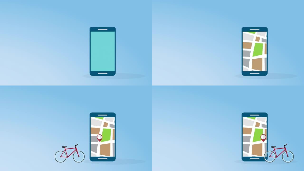 自行车，健身跟踪应用程序或在手机屏幕上共享自行车应用程序