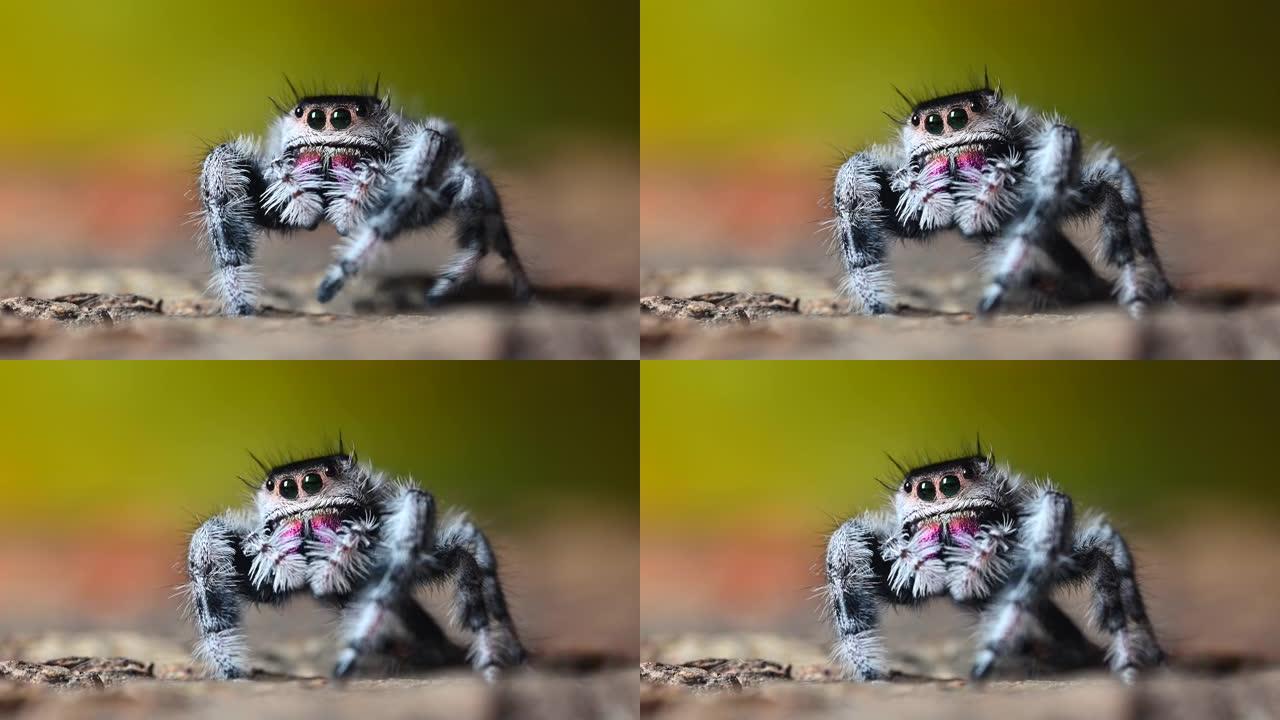 跳跃蜘蛛 (Phidippus regius) 的前视图，蜘蛛正在休息，移动其前肢 (pedipal