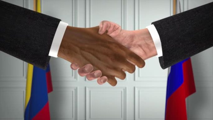 哥伦比亚与俄罗斯协议握手，政治说明。正式会议或合作，商务见面。商人和政客握手
