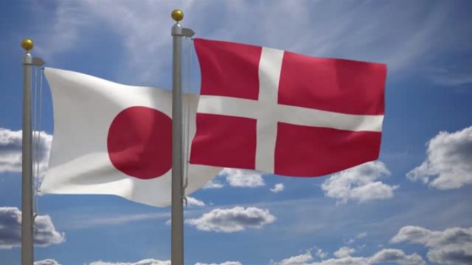 日本国旗与丹麦国旗在一杆，3D渲染，两个旗帜