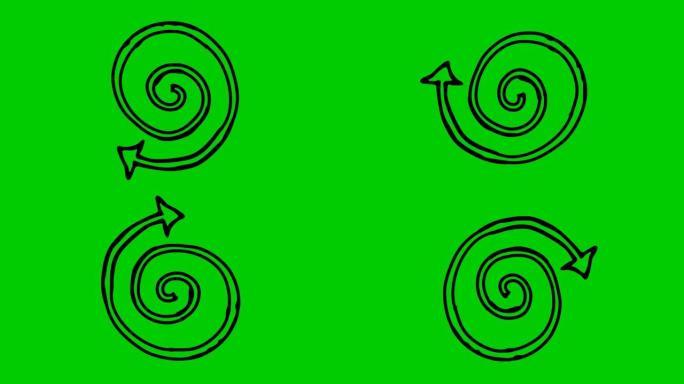 螺旋箭头旋转的动画图标。黑色符号旋转。循环视频。手绘矢量插图孤立在绿色背景上。