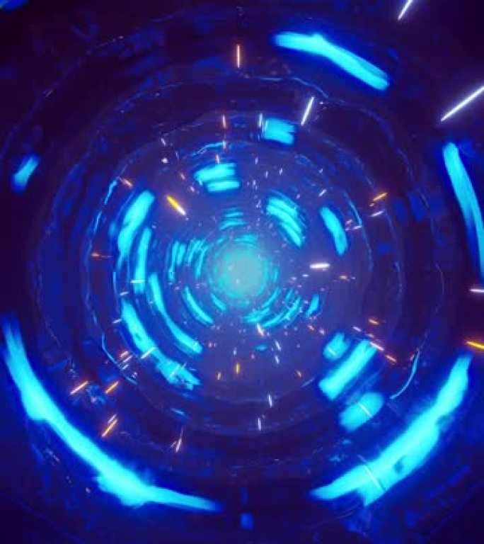 在飘动着蓝色霓虹灯的幻想隧道中飞行。垂直循环视频
