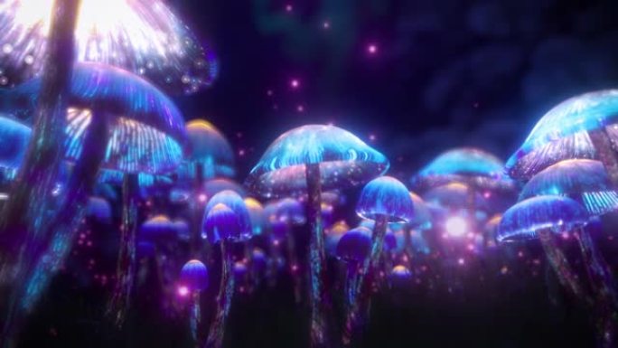 迷幻蘑菇运动图形3D动画。蓝色神奇森林
