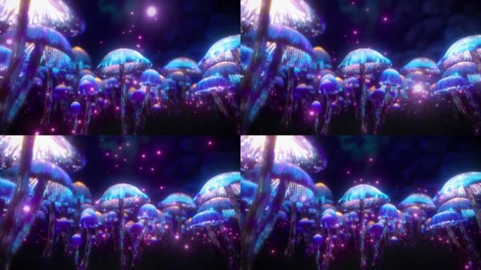 迷幻蘑菇运动图形3D动画。蓝色神奇森林