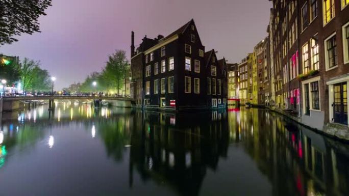 荷兰夜城运河湾阿姆斯特丹全景4k延时