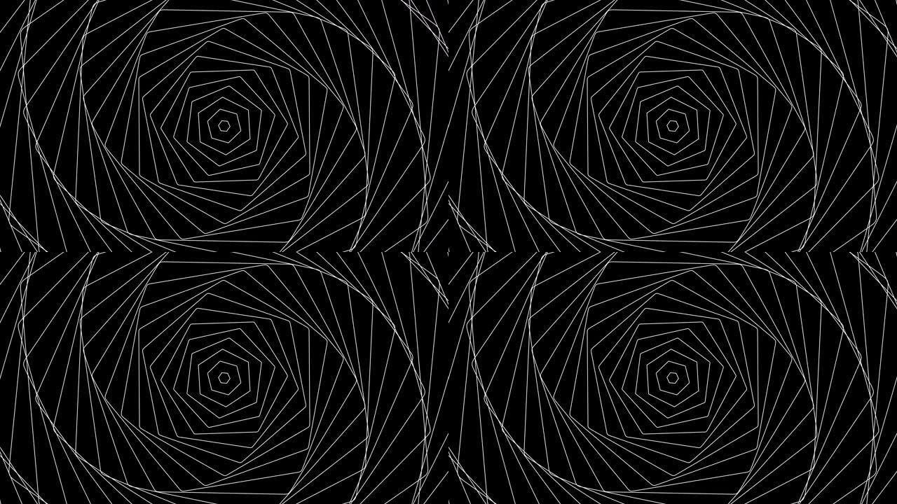 黑色背景循环上的六边形自旋几何。旋转无线电波无尽的创意动画。扭转雷达声纳环设计。旋转六边形无缝运动图