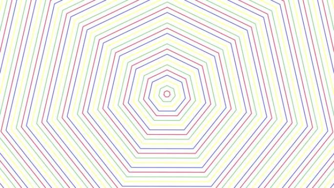 白色背景循环上的超薄七边形简单平面几何。彩色七边形无线电波无尽的创意动画。多色无缝运动图形背景。多色