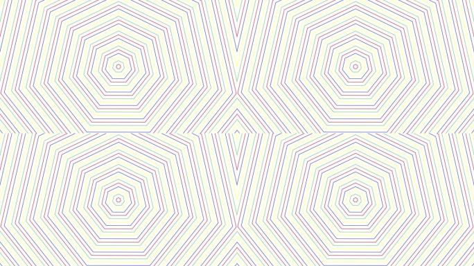 白色背景循环上的超薄七边形简单平面几何。彩色七边形无线电波无尽的创意动画。多色无缝运动图形背景。多色