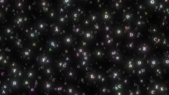 黑色背景上飞行发光字母的动画，大写字母后者漂浮在黑色背景上。字母在空中移动的循环动画，黑色板上的英文