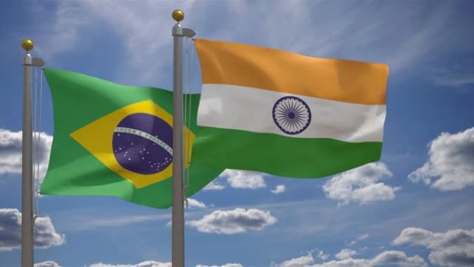 巴西国旗与印度国旗在一杆，3D渲染，两个旗帜