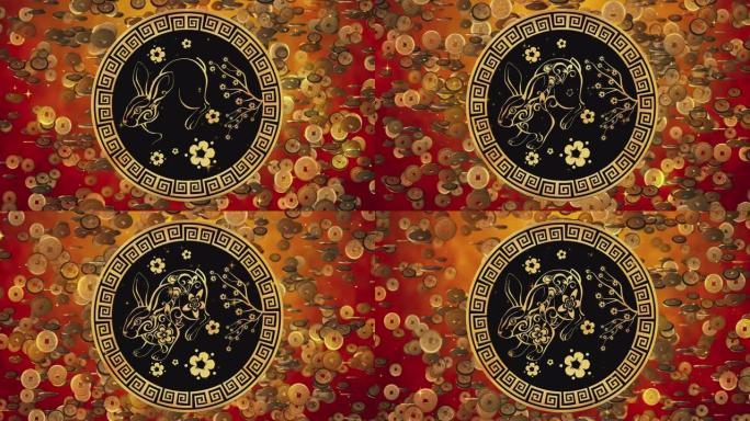 中国春节，红色背景与下降的金币象征着新年庆祝的财富