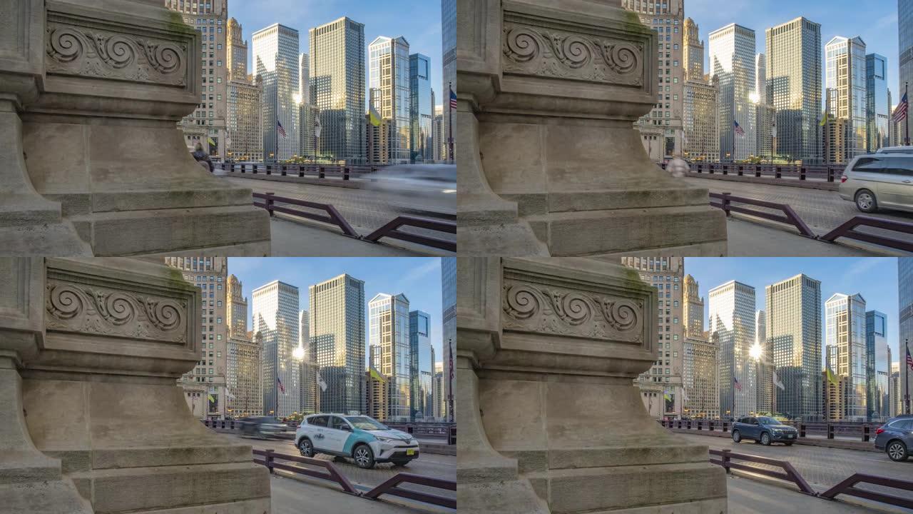 密歇根大道大桥上的交通和摩天大楼上的灯光的延时视频
