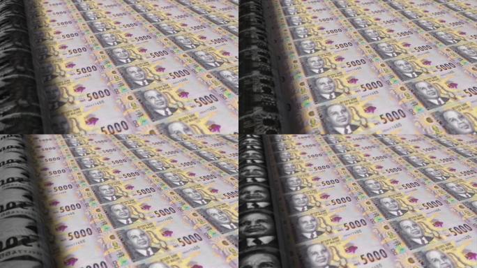 马拉维，马拉维Kwacha印刷机打印出当前5000宽扎纸币，无缝环，马拉维货币货币背景，4K，焦点深