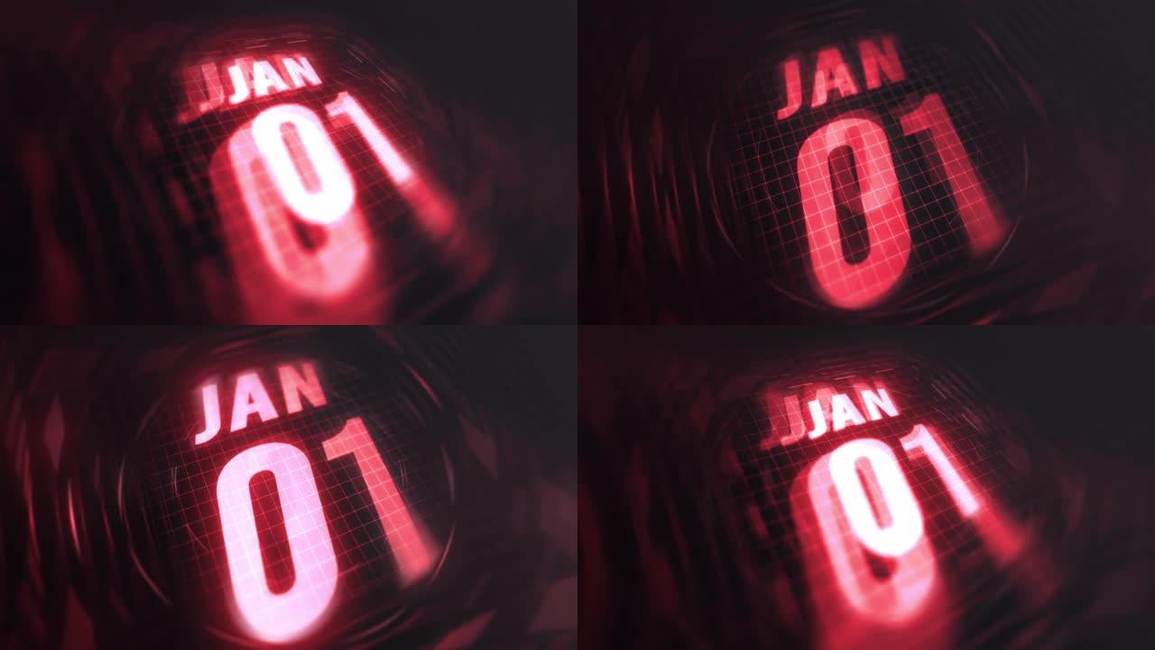 3d运动图形中的1月1日。未来的红外日历和科技发光霓虹灯拍摄，发光二极管纪念等。4k in循环
