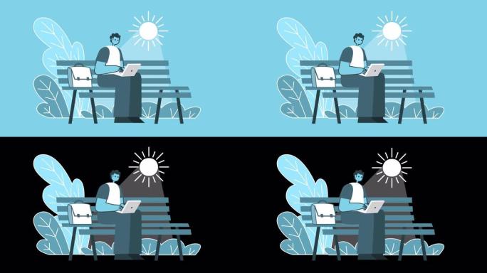 卡通男子用笔记本电脑在公园长凳上工作。平面设计2d角色动画与阿尔法通道