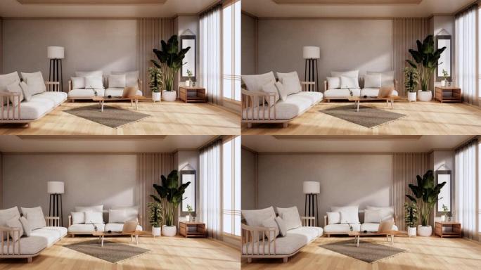 阁楼风格，木地板上有白色墙壁，地毯上有沙发扶手椅。3d渲染