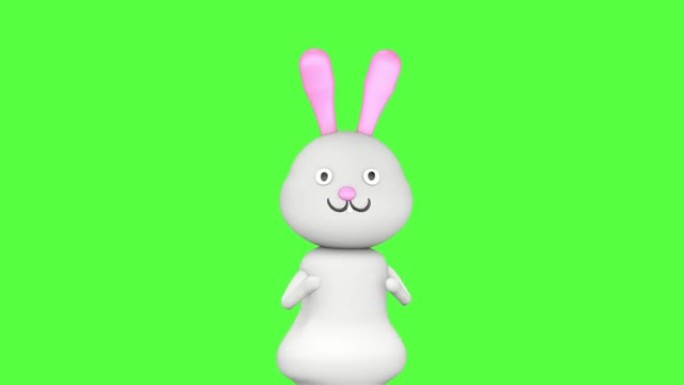 可爱的兔子的3D角色在绿屏背景上有趣的跳跃。3D动画。