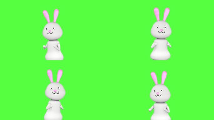 可爱的兔子的3D角色在绿屏背景上有趣的跳跃。3D动画。