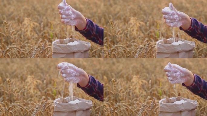 女人的手从纸袋里倒面粉。成熟谷物田地上的小麦粉。新收获