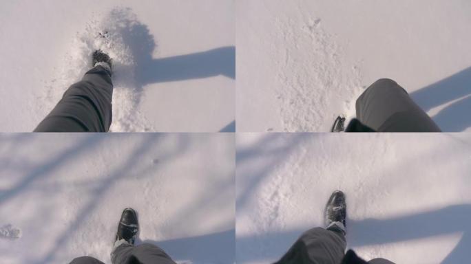 POV男子以4k慢动作60fps在雪地上行走