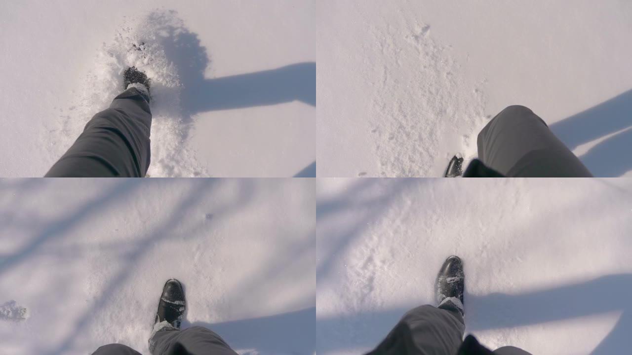 POV男子以4k慢动作60fps在雪地上行走