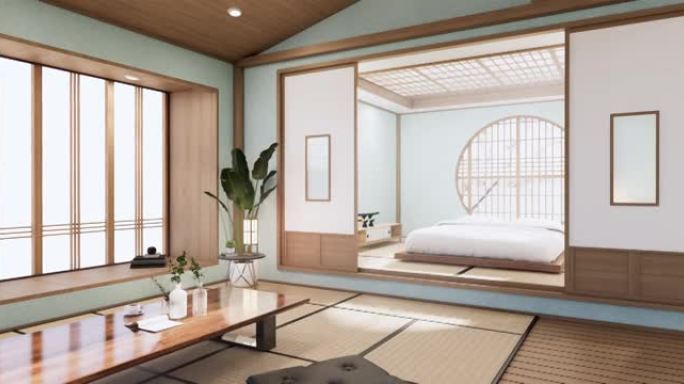 卧室，日本简约风格。3d渲染