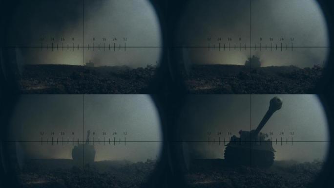 森林中德国坦克的宏观视图。通过取景器看到老虎的战斗阶段