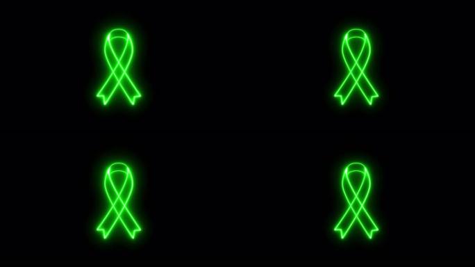 4k绿色霓虹灯哀悼丝带股票动画。黑色背景上的慢动作癌症意识符号。充满活力的荧光信号动画与阿尔法通道。
