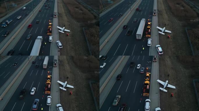 紧急飞机降落在高速公路上。宽幅无人机射击