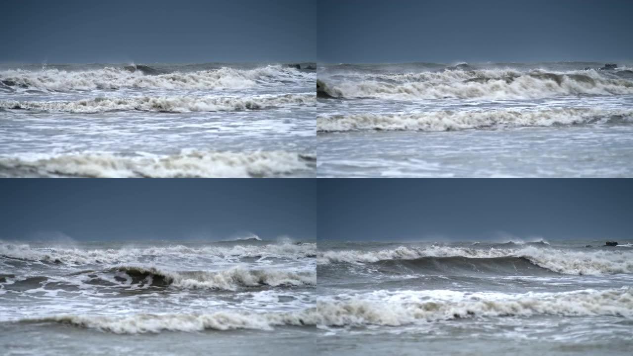 在暴风雨的日子里，LD海浪冲向海滩