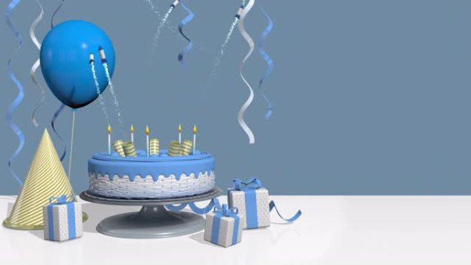 带有蓝色奶油，蜡烛和5枚火箭发射大炮的生日蛋糕飞出，装饰着礼物，彩带和灰蓝色背景下的气球。3D动画