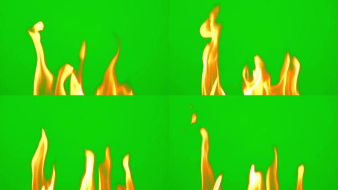 慢动作绿屏背景上的火焰发光燃烧
